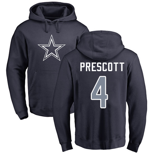 Men Dallas Cowboys Navy Blue Dak Prescott Name and Number Logo 4 Pullover NFL Hoodie Sweatshirts